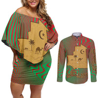 Mauritania Couples Matching Off Shoulder Short Dress and Long Sleeve Button Shirt with Desert Camel Crescent Moon and Palm Tree Graphic in Red Green Gold Pattern