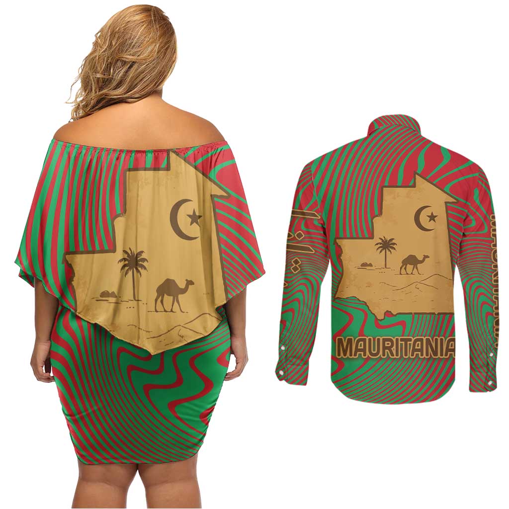 Mauritania Couples Matching Off Shoulder Short Dress and Long Sleeve Button Shirt with Desert Camel Crescent Moon and Palm Tree Graphic in Red Green Gold Pattern