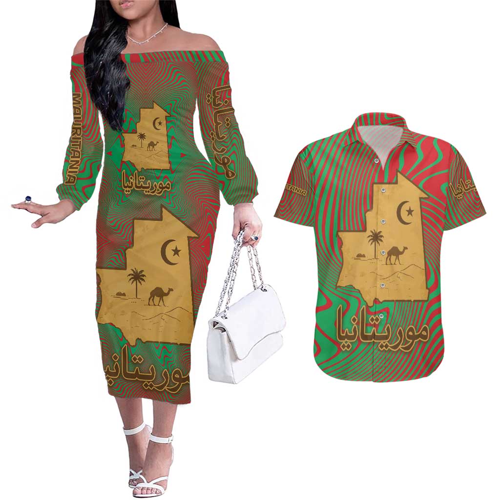 Mauritania Couples Matching Off The Shoulder Long Sleeve Dress and Hawaiian Shirt with Desert Camel Crescent Moon and Palm Tree Graphic in Red Green Gold Pattern