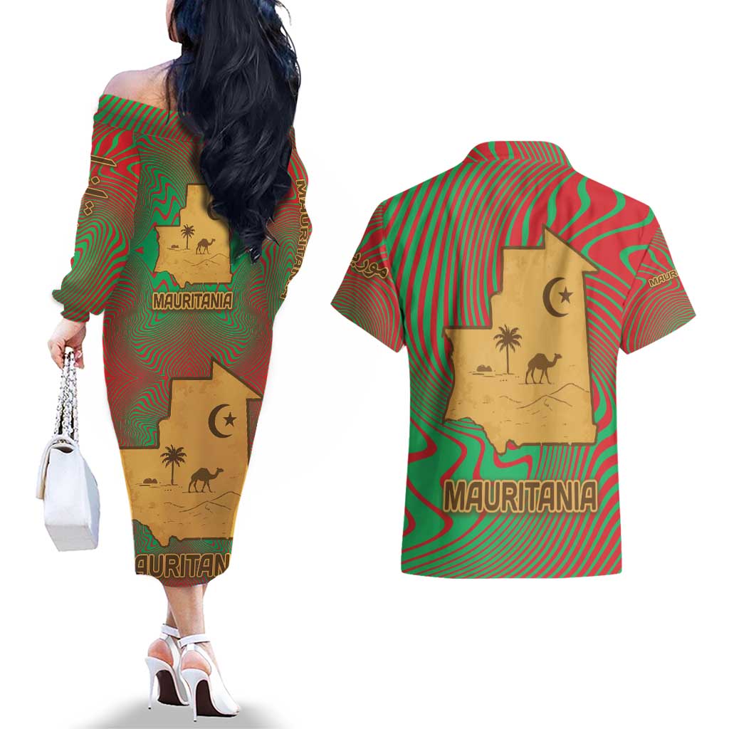 Mauritania Couples Matching Off The Shoulder Long Sleeve Dress and Hawaiian Shirt with Desert Camel Crescent Moon and Palm Tree Graphic in Red Green Gold Pattern