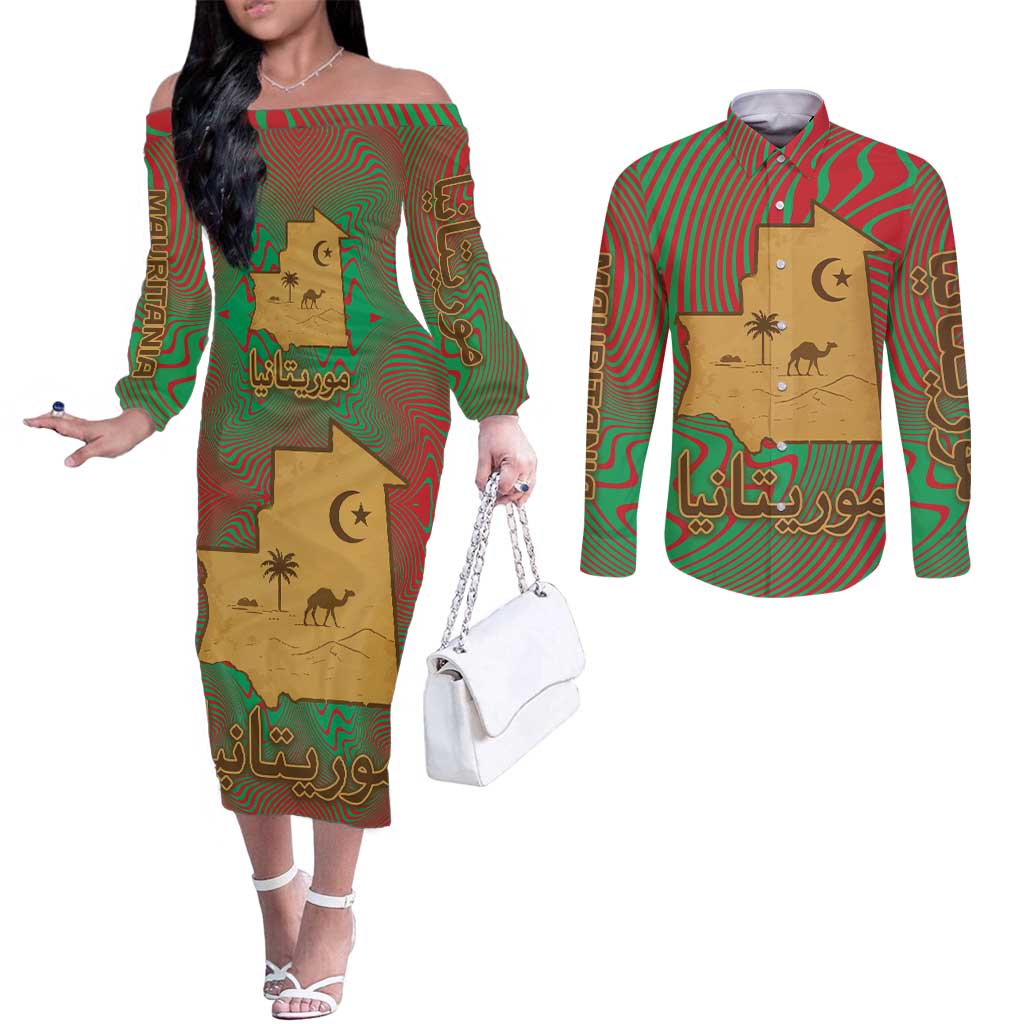 Mauritania Couples Matching Off The Shoulder Long Sleeve Dress and Long Sleeve Button Shirt with Desert Camel Crescent Moon and Palm Tree Graphic in Red Green Gold Pattern