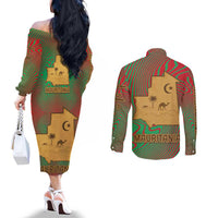 Mauritania Couples Matching Off The Shoulder Long Sleeve Dress and Long Sleeve Button Shirt with Desert Camel Crescent Moon and Palm Tree Graphic in Red Green Gold Pattern