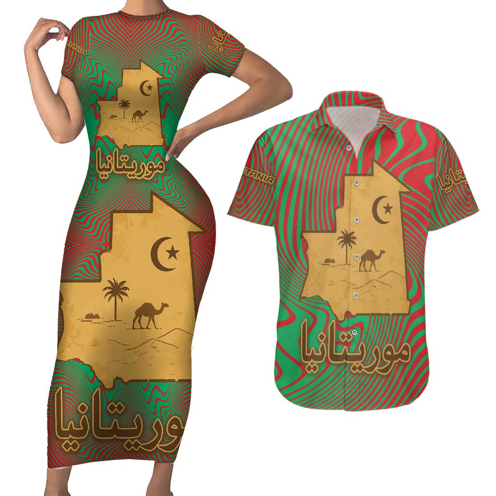 Mauritania Couples Matching Short Sleeve Bodycon Dress and Hawaiian Shirt with Desert Camel Crescent Moon and Palm Tree Graphic in Red Green Gold Pattern