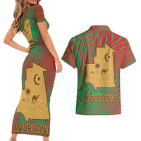 Mauritania Couples Matching Short Sleeve Bodycon Dress and Hawaiian Shirt with Desert Camel Crescent Moon and Palm Tree Graphic in Red Green Gold Pattern