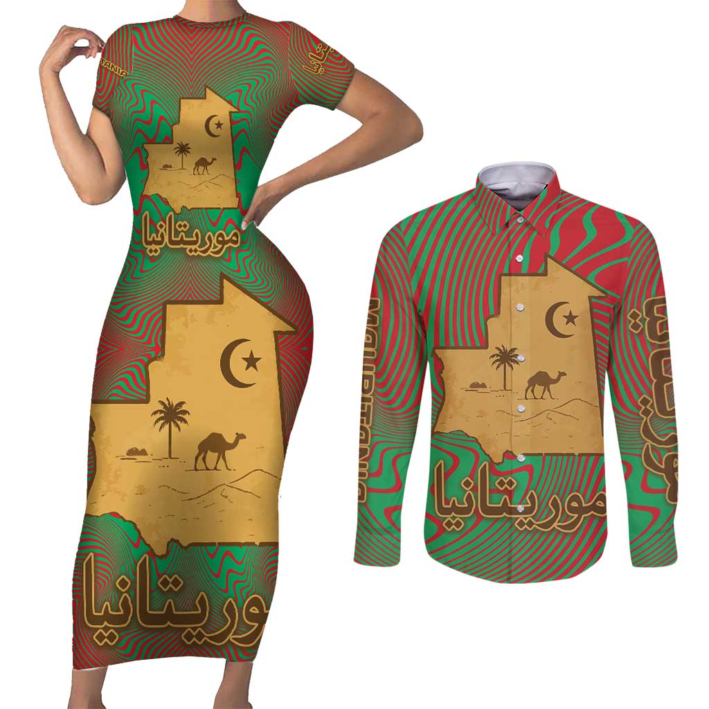 Mauritania Couples Matching Short Sleeve Bodycon Dress and Long Sleeve Button Shirt with Desert Camel Crescent Moon and Palm Tree Graphic in Red Green Gold Pattern