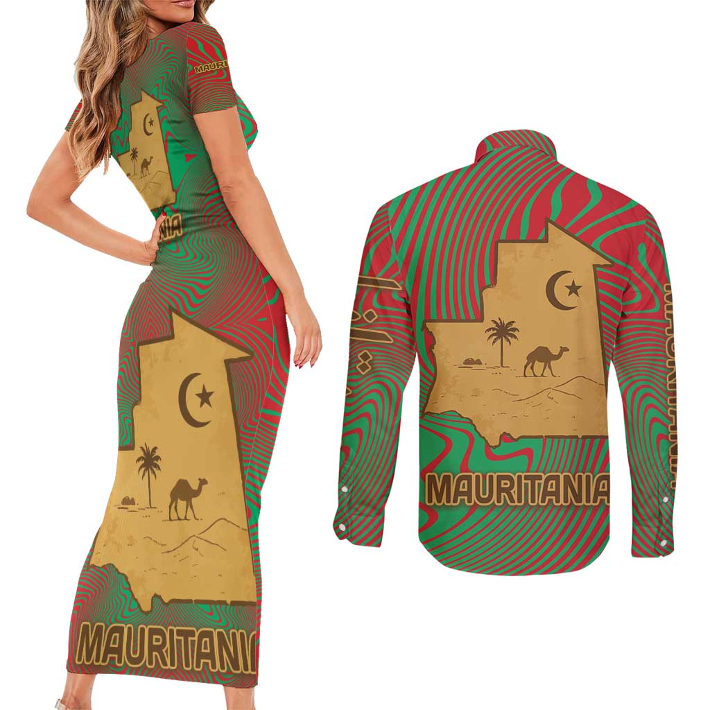 Mauritania Couples Matching Short Sleeve Bodycon Dress and Long Sleeve Button Shirt with Desert Camel Crescent Moon and Palm Tree Graphic in Red Green Gold Pattern
