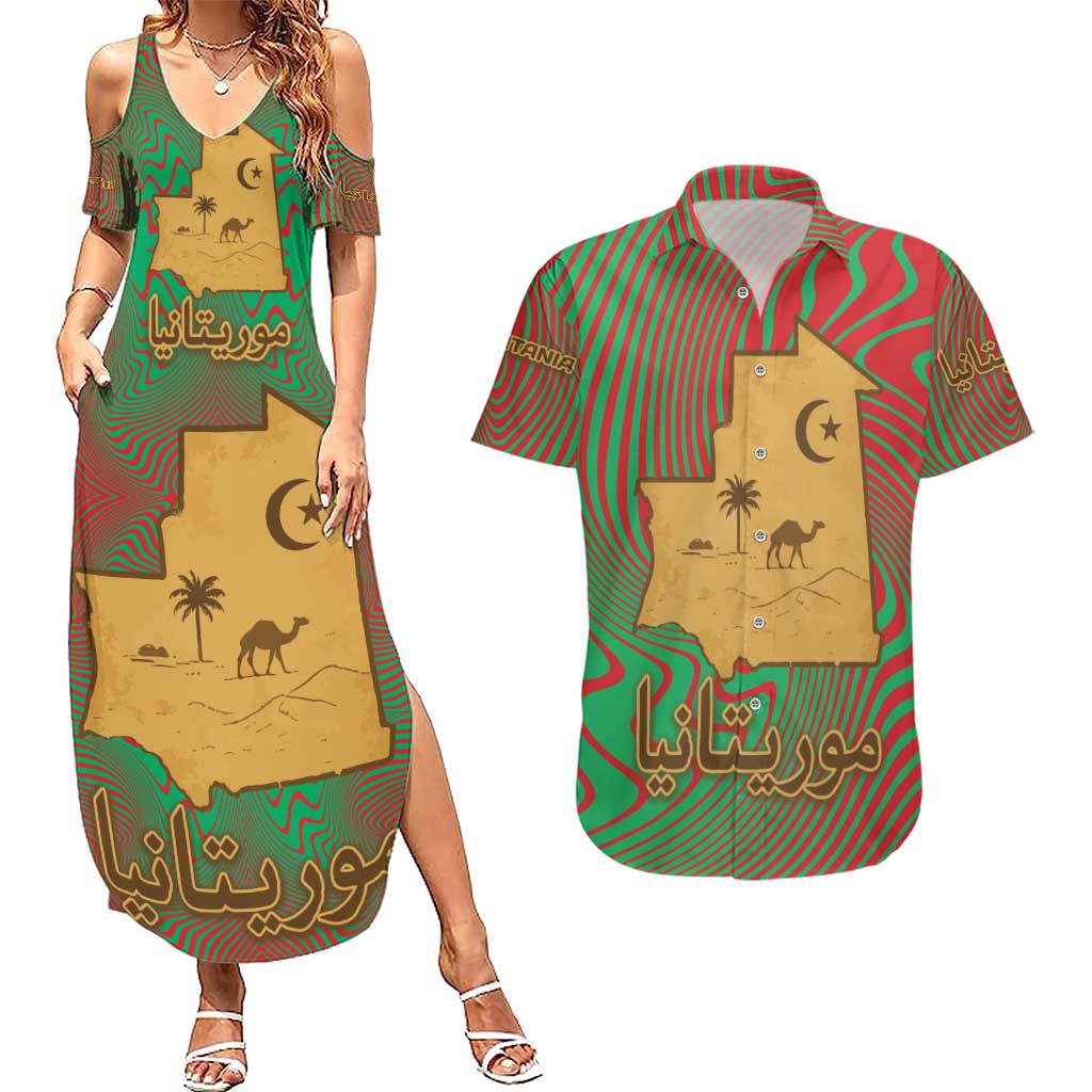 Mauritania Couples Matching Summer Maxi Dress and Hawaiian Shirt with Desert Camel Crescent Moon and Palm Tree Graphic in Red Green Gold Pattern