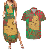 Mauritania Couples Matching Summer Maxi Dress and Hawaiian Shirt with Desert Camel Crescent Moon and Palm Tree Graphic in Red Green Gold Pattern