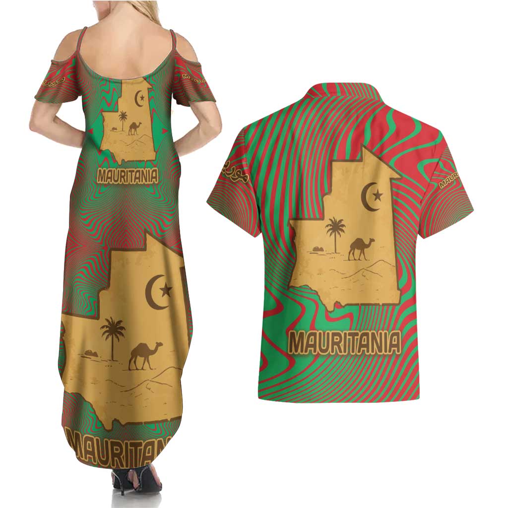 Mauritania Couples Matching Summer Maxi Dress and Hawaiian Shirt with Desert Camel Crescent Moon and Palm Tree Graphic in Red Green Gold Pattern
