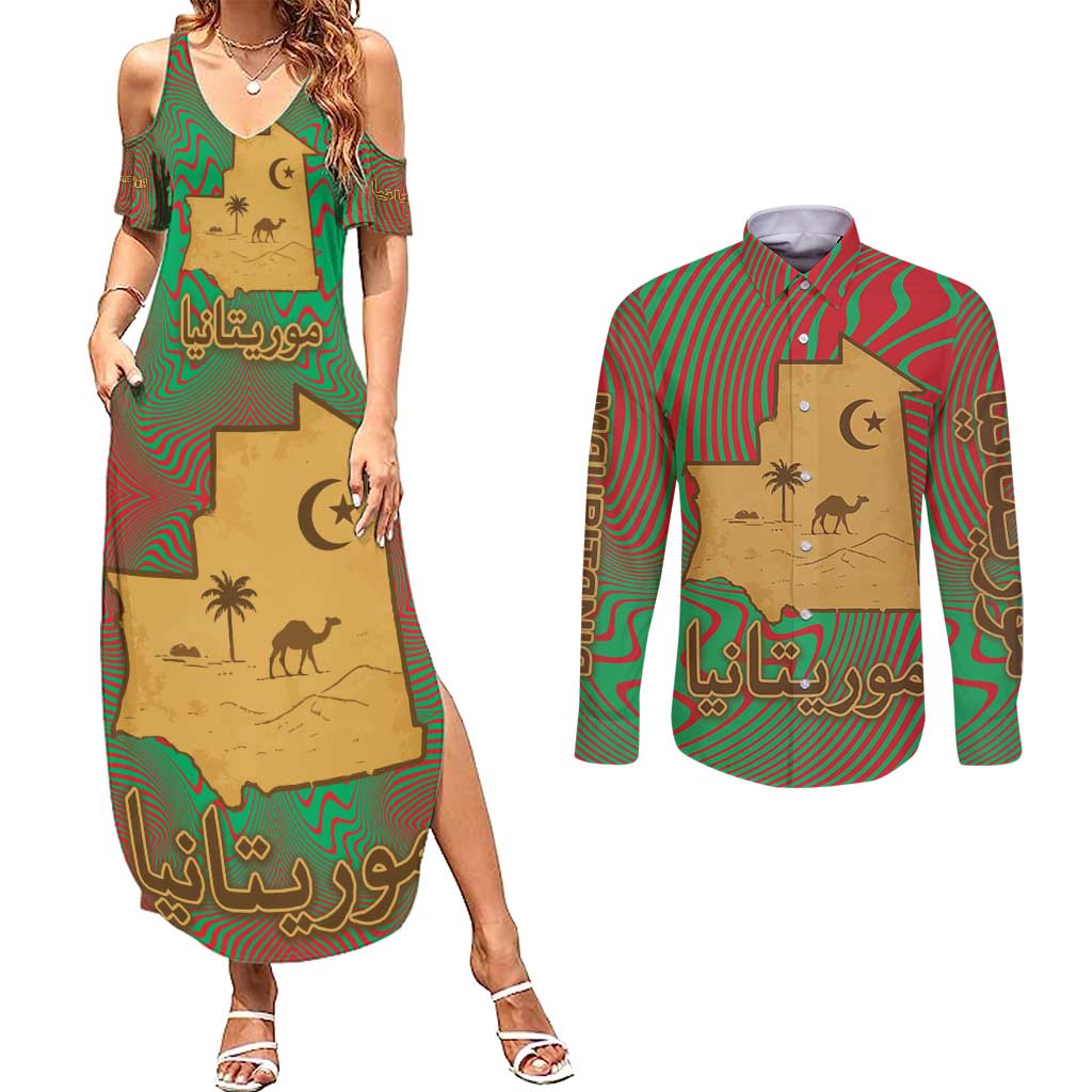 Mauritania Couples Matching Summer Maxi Dress and Long Sleeve Button Shirt with Desert Camel Crescent Moon and Palm Tree Graphic in Red Green Gold Pattern