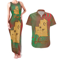 Mauritania Couples Matching Tank Maxi Dress and Hawaiian Shirt with Desert Camel Crescent Moon and Palm Tree Graphic in Red Green Gold Pattern