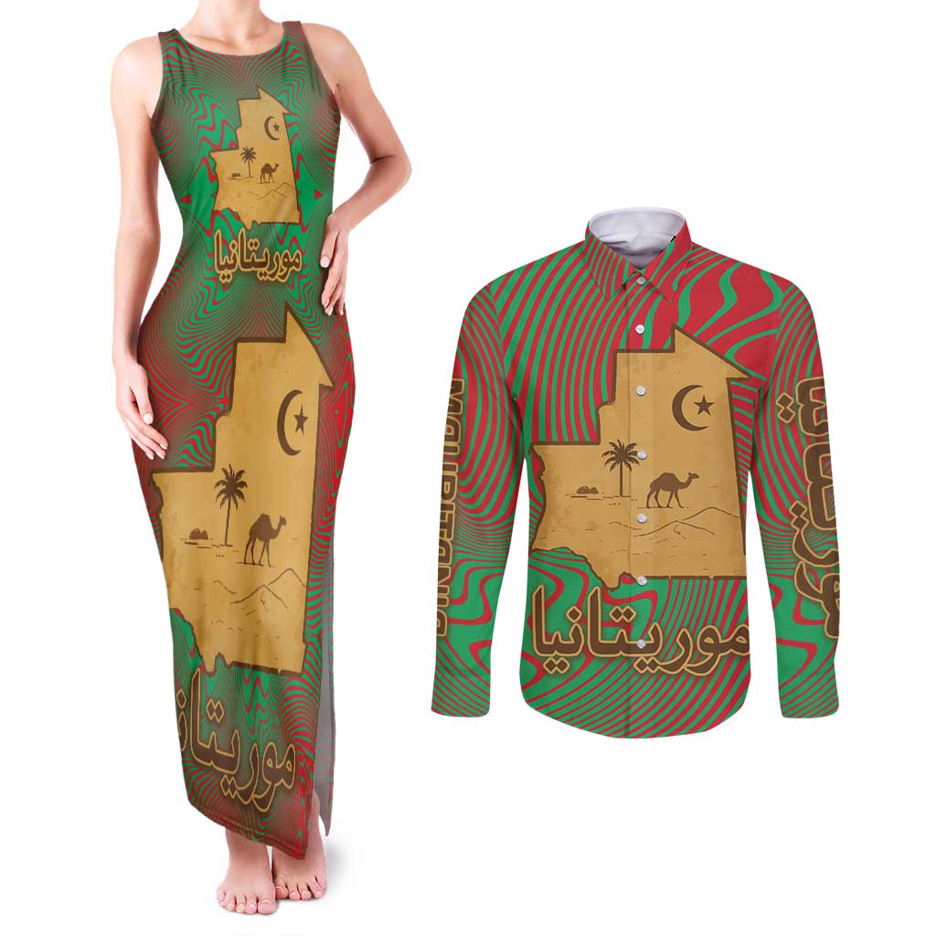 Mauritania Couples Matching Tank Maxi Dress and Long Sleeve Button Shirt with Desert Camel Crescent Moon and Palm Tree Graphic in Red Green Gold Pattern