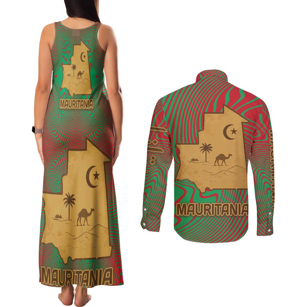 Mauritania Couples Matching Tank Maxi Dress and Long Sleeve Button Shirt with Desert Camel Crescent Moon and Palm Tree Graphic in Red Green Gold Pattern