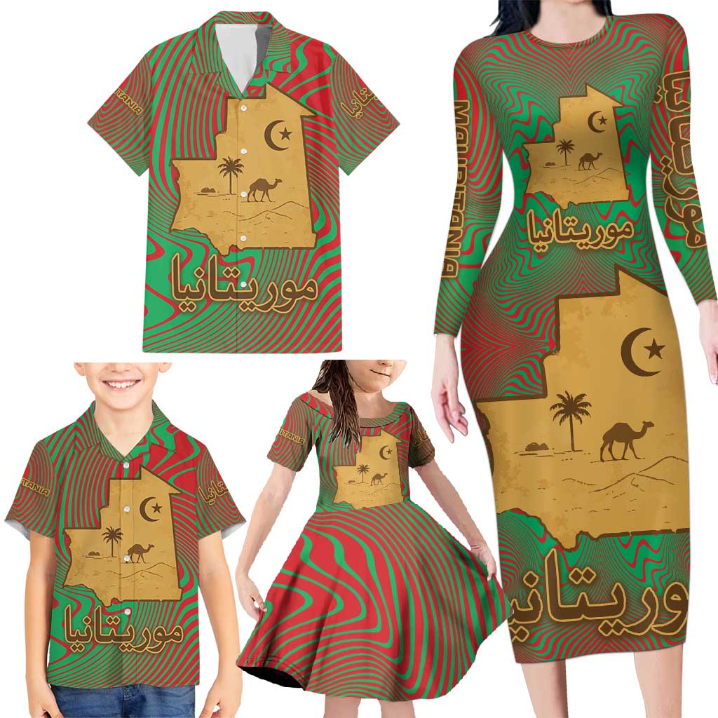 Mauritania Family Matching Long Sleeve Bodycon Dress and Hawaiian Shirt with Desert Camel Crescent Moon and Palm Tree Graphic in Red Green Gold Pattern