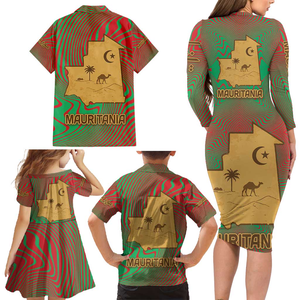 Mauritania Family Matching Long Sleeve Bodycon Dress and Hawaiian Shirt with Desert Camel Crescent Moon and Palm Tree Graphic in Red Green Gold Pattern