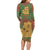 Mauritania Family Matching Long Sleeve Bodycon Dress and Hawaiian Shirt with Desert Camel Crescent Moon and Palm Tree Graphic in Red Green Gold Pattern