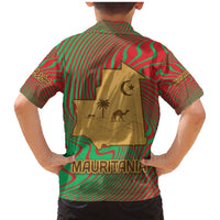 Mauritania Family Matching Mermaid Dress and Hawaiian Shirt with Desert Camel Crescent Moon and Palm Tree Graphic in Red Green Gold Pattern