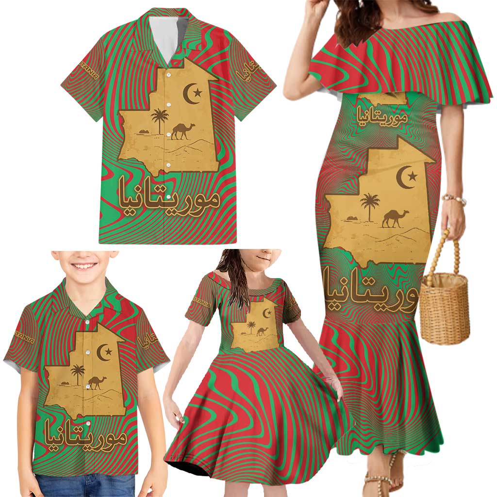 Mauritania Family Matching Mermaid Dress and Hawaiian Shirt with Desert Camel Crescent Moon and Palm Tree Graphic in Red Green Gold Pattern