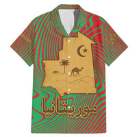 Mauritania Family Matching Mermaid Dress and Hawaiian Shirt with Desert Camel Crescent Moon and Palm Tree Graphic in Red Green Gold Pattern
