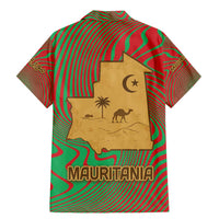 Mauritania Family Matching Mermaid Dress and Hawaiian Shirt with Desert Camel Crescent Moon and Palm Tree Graphic in Red Green Gold Pattern