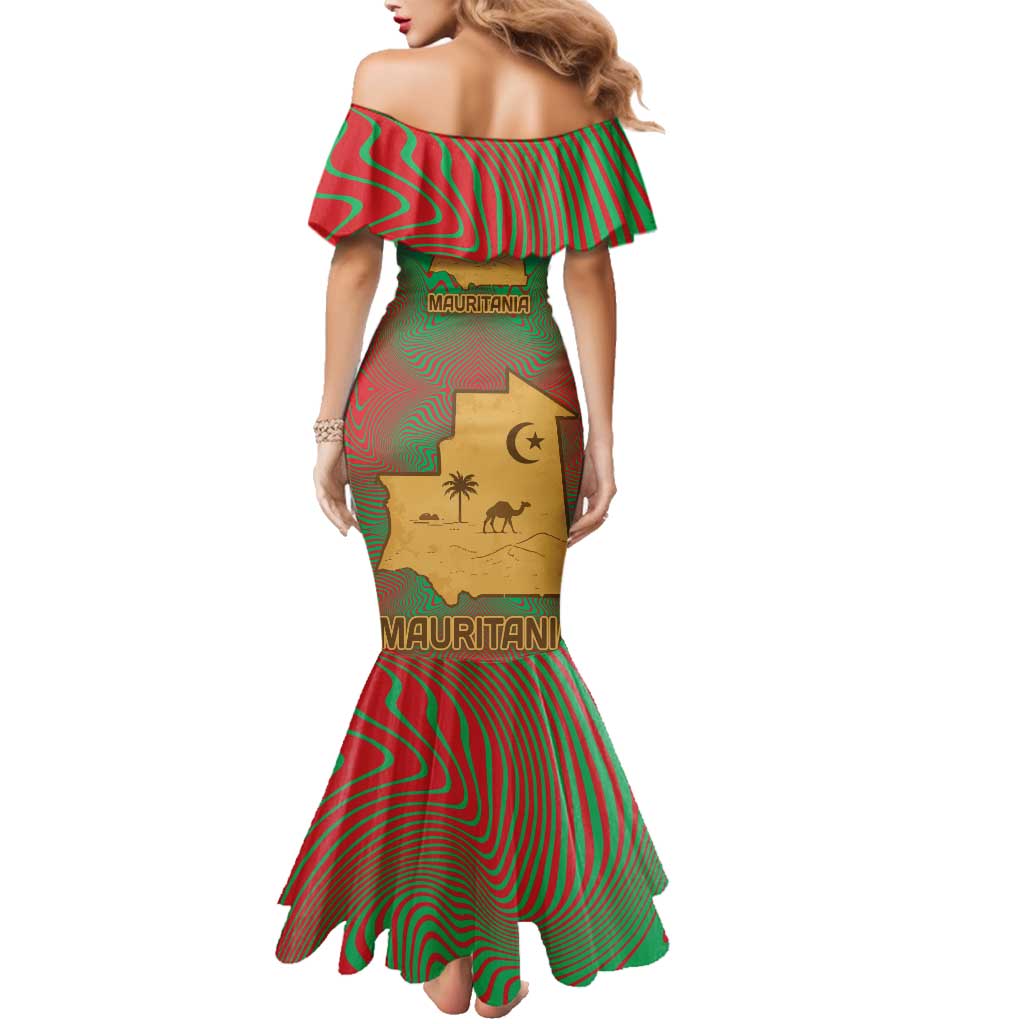 Mauritania Family Matching Mermaid Dress and Hawaiian Shirt with Desert Camel Crescent Moon and Palm Tree Graphic in Red Green Gold Pattern