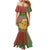 Mauritania Family Matching Mermaid Dress and Hawaiian Shirt with Desert Camel Crescent Moon and Palm Tree Graphic in Red Green Gold Pattern