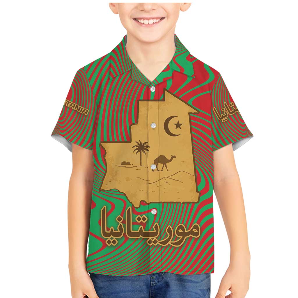 Mauritania Family Matching Mermaid Dress and Hawaiian Shirt with Desert Camel Crescent Moon and Palm Tree Graphic in Red Green Gold Pattern