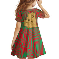 Mauritania Family Matching Off The Shoulder Long Sleeve Dress and Hawaiian Shirt with Desert Camel Crescent Moon and Palm Tree Graphic in Red Green Gold Pattern