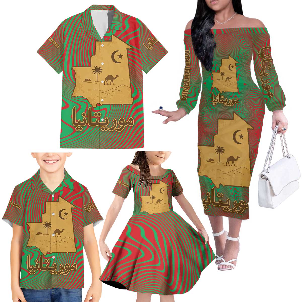 Mauritania Family Matching Off The Shoulder Long Sleeve Dress and Hawaiian Shirt with Desert Camel Crescent Moon and Palm Tree Graphic in Red Green Gold Pattern