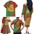 Mauritania Family Matching Off The Shoulder Long Sleeve Dress and Hawaiian Shirt with Desert Camel Crescent Moon and Palm Tree Graphic in Red Green Gold Pattern