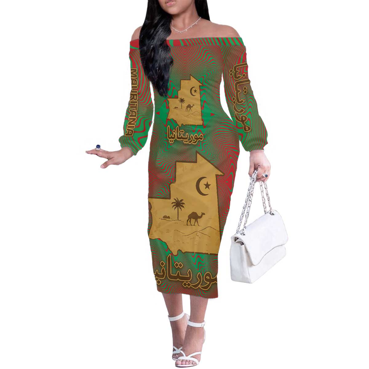 Mauritania Family Matching Off The Shoulder Long Sleeve Dress and Hawaiian Shirt with Desert Camel Crescent Moon and Palm Tree Graphic in Red Green Gold Pattern