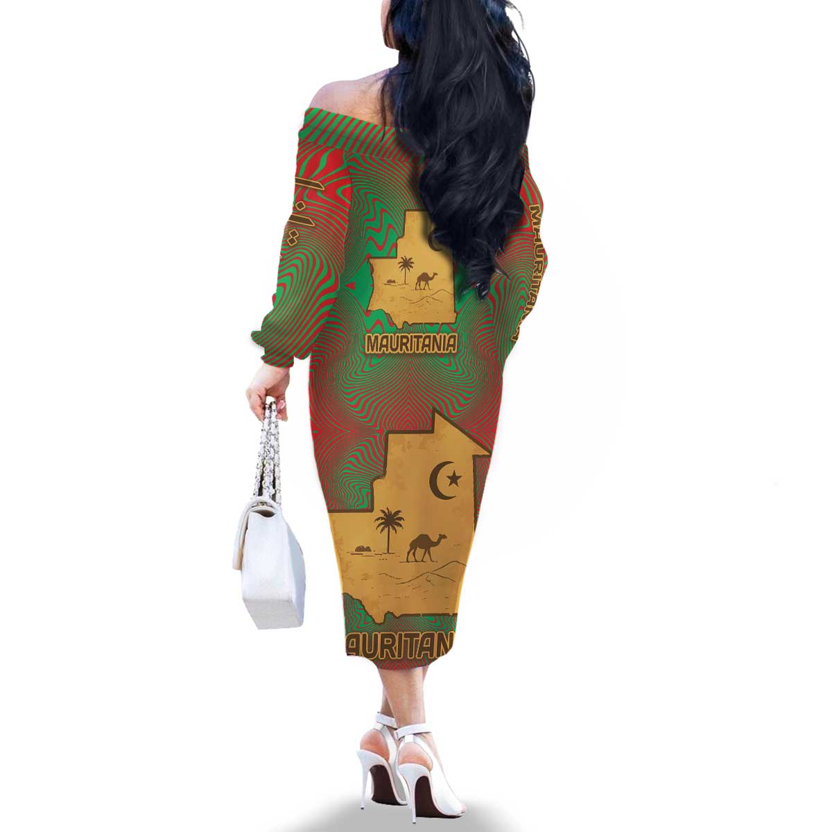 Mauritania Family Matching Off The Shoulder Long Sleeve Dress and Hawaiian Shirt with Desert Camel Crescent Moon and Palm Tree Graphic in Red Green Gold Pattern