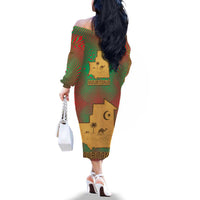 Mauritania Family Matching Off The Shoulder Long Sleeve Dress and Hawaiian Shirt with Desert Camel Crescent Moon and Palm Tree Graphic in Red Green Gold Pattern