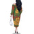 Mauritania Family Matching Off The Shoulder Long Sleeve Dress and Hawaiian Shirt with Desert Camel Crescent Moon and Palm Tree Graphic in Red Green Gold Pattern