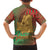 Mauritania Family Matching Off Shoulder Maxi Dress and Hawaiian Shirt with Desert Camel Crescent Moon and Palm Tree Graphic in Red Green Gold Pattern
