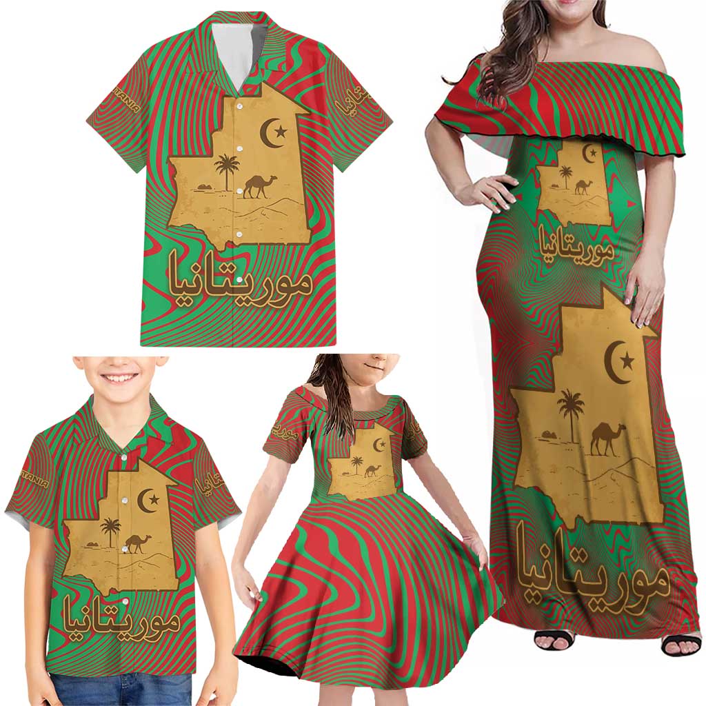 Mauritania Family Matching Off Shoulder Maxi Dress and Hawaiian Shirt with Desert Camel Crescent Moon and Palm Tree Graphic in Red Green Gold Pattern