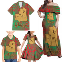 Mauritania Family Matching Off Shoulder Maxi Dress and Hawaiian Shirt with Desert Camel Crescent Moon and Palm Tree Graphic in Red Green Gold Pattern