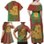 Mauritania Family Matching Off Shoulder Maxi Dress and Hawaiian Shirt with Desert Camel Crescent Moon and Palm Tree Graphic in Red Green Gold Pattern
