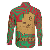 Mauritania Family Matching Off Shoulder Maxi Dress and Hawaiian Shirt with Desert Camel Crescent Moon and Palm Tree Graphic in Red Green Gold Pattern
