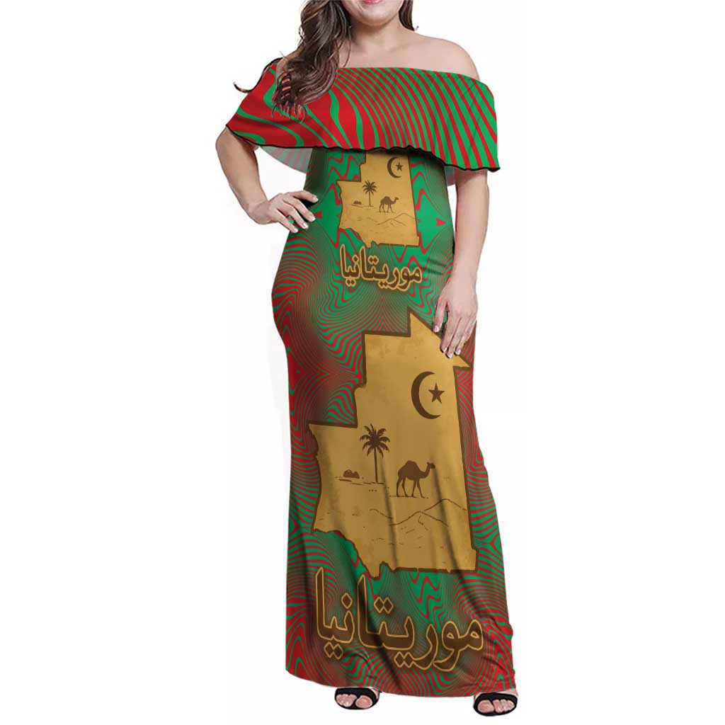 Mauritania Family Matching Off Shoulder Maxi Dress and Hawaiian Shirt with Desert Camel Crescent Moon and Palm Tree Graphic in Red Green Gold Pattern