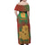 Mauritania Family Matching Off Shoulder Maxi Dress and Hawaiian Shirt with Desert Camel Crescent Moon and Palm Tree Graphic in Red Green Gold Pattern