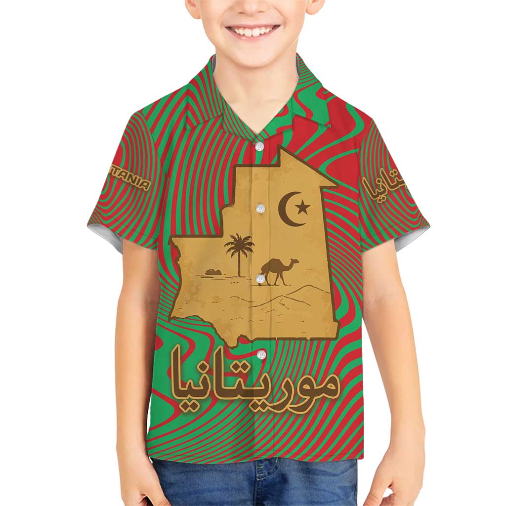 Mauritania Family Matching Off Shoulder Maxi Dress and Hawaiian Shirt with Desert Camel Crescent Moon and Palm Tree Graphic in Red Green Gold Pattern