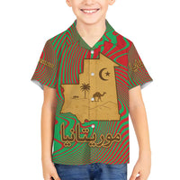 Mauritania Family Matching Off Shoulder Maxi Dress and Hawaiian Shirt with Desert Camel Crescent Moon and Palm Tree Graphic in Red Green Gold Pattern
