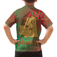 Mauritania Family Matching Off Shoulder Short Dress and Hawaiian Shirt with Desert Camel Crescent Moon and Palm Tree Graphic in Red Green Gold Pattern