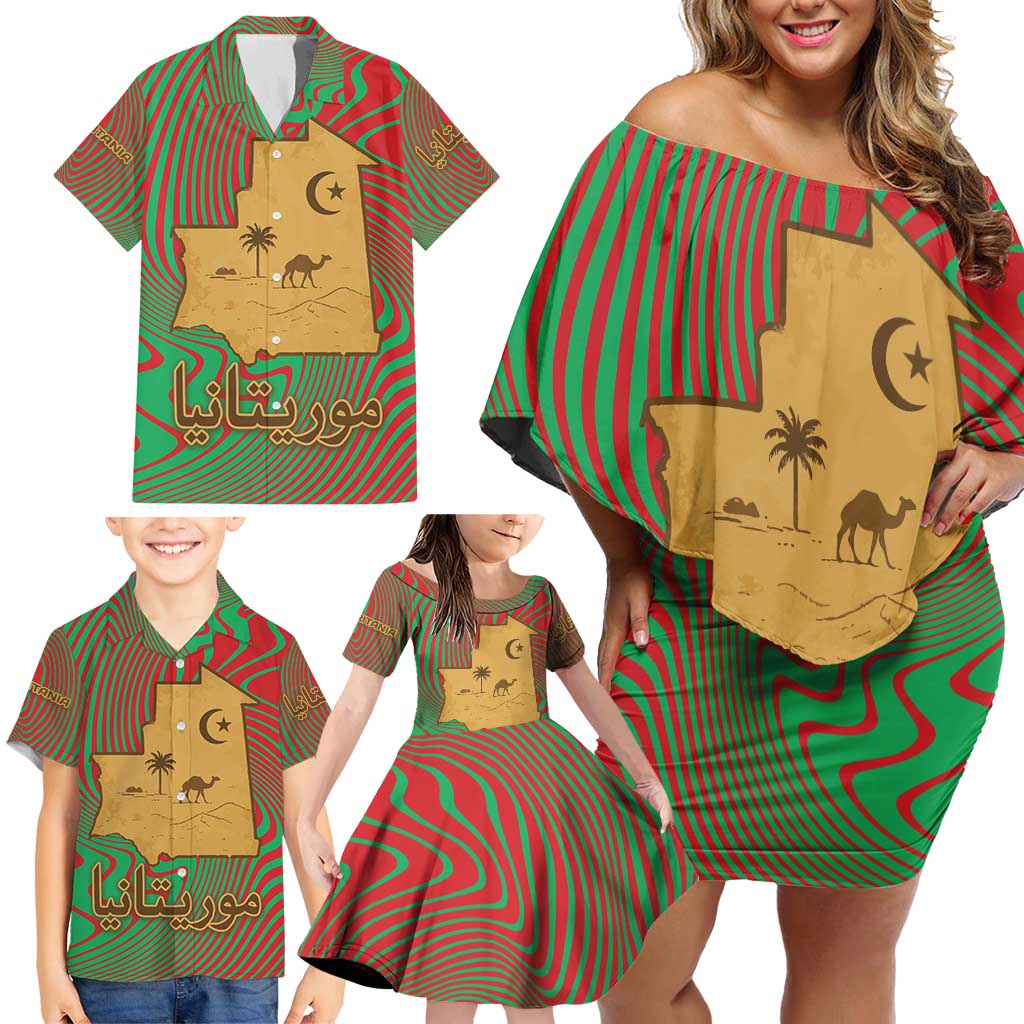 Mauritania Family Matching Off Shoulder Short Dress and Hawaiian Shirt with Desert Camel Crescent Moon and Palm Tree Graphic in Red Green Gold Pattern