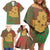 Mauritania Family Matching Off Shoulder Short Dress and Hawaiian Shirt with Desert Camel Crescent Moon and Palm Tree Graphic in Red Green Gold Pattern