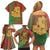 Mauritania Family Matching Off Shoulder Short Dress and Hawaiian Shirt with Desert Camel Crescent Moon and Palm Tree Graphic in Red Green Gold Pattern