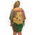 Mauritania Family Matching Off Shoulder Short Dress and Hawaiian Shirt with Desert Camel Crescent Moon and Palm Tree Graphic in Red Green Gold Pattern