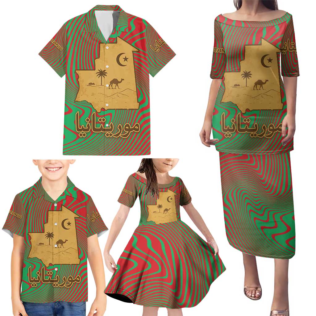 Mauritania Family Matching Puletasi and Hawaiian Shirt with Desert Camel Crescent Moon and Palm Tree Graphic in Red Green Gold Pattern