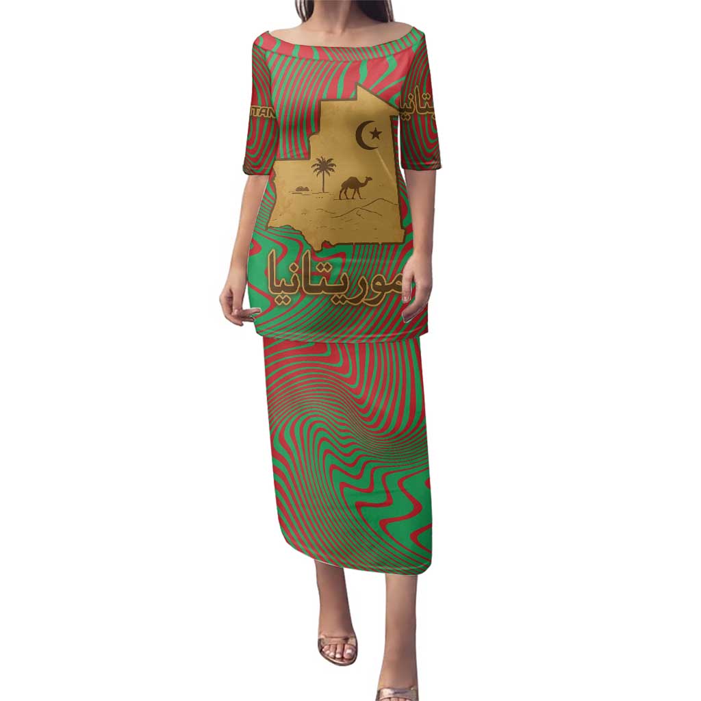 Mauritania Family Matching Puletasi and Hawaiian Shirt with Desert Camel Crescent Moon and Palm Tree Graphic in Red Green Gold Pattern